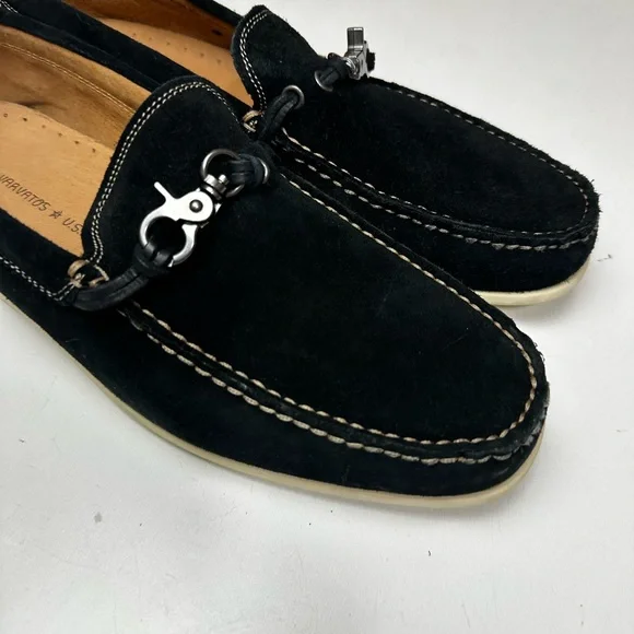 John Varvatos Black Suede Leather Metal Detail Boat Moccasins Loafers 10.5 NWOT